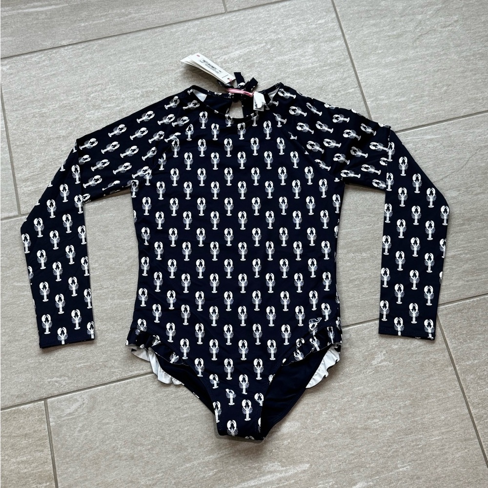 🦞🆕Vineyard Vines Navy Long Sleeve Lobster Swimsuit Ruffle Trim, 14 (Large)🦞